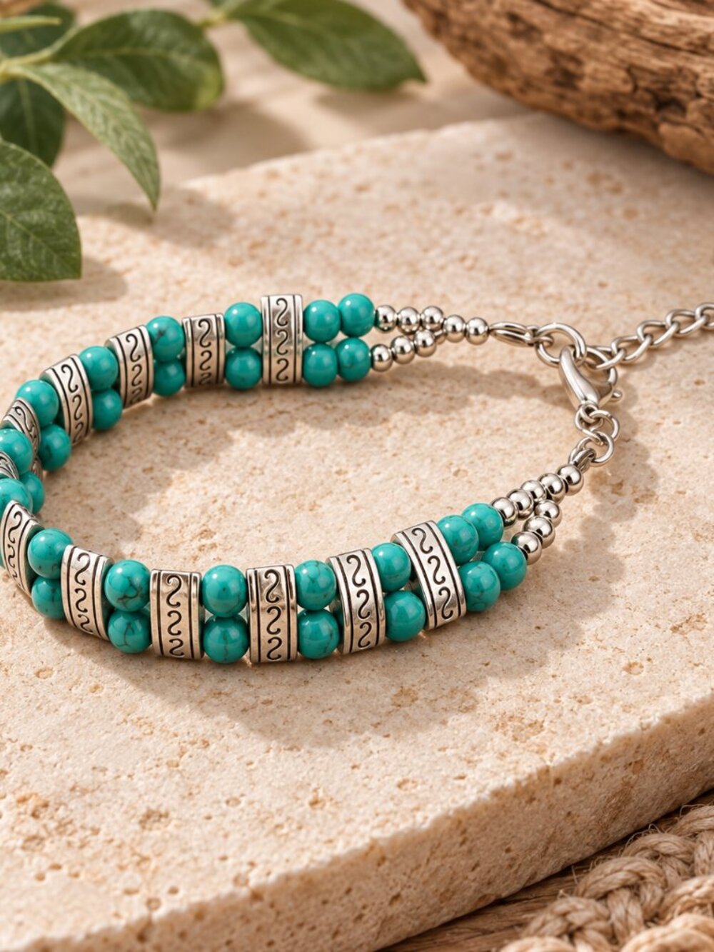 Turquoise Beaded Silver Tone Adjustable Bracelet